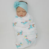 100% Organic Muslin &  Hairbow Swaddle Gift Set Girl Unicorns Flamingos Aloha