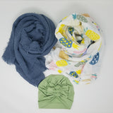 100% Cotton Swaddle + Wrap + Hairbow Swaddle 3 pc  Gift Set  Bears Aqua Pineapples