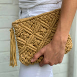 Macrame Clutch with Tassel, Tan