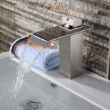 Yodel Single Handle Waterfall Bathroom Vanity Sink Faucet (Brushed Nickel Rectangular)