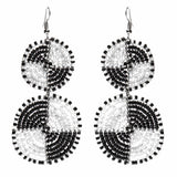 Maasai Bead Double Circle Dangle Earrings, White and Black