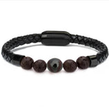 Stainless Steel Magnetic Clasp Baseball Bead Men's Lava Braided Leather Bracelet